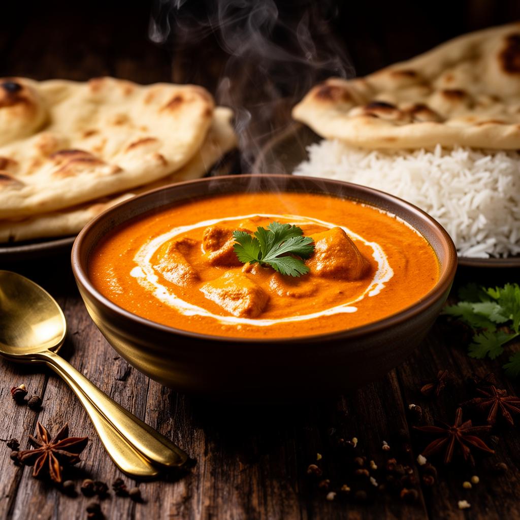 Butter Chicken servido con naan y arroz basmati